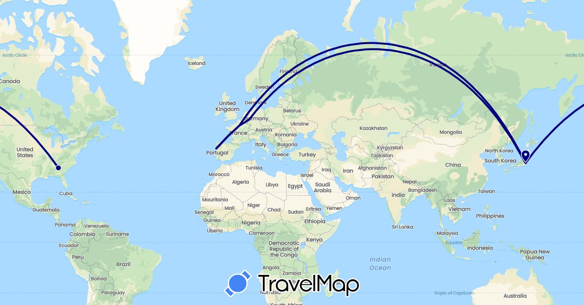TravelMap itinerary: driving in Germany, France, Japan, Portugal, United States (Asia, Europe, North America)